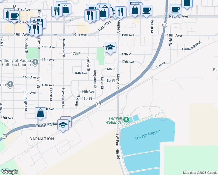 map of restaurants, bars, coffee shops, grocery stores, and more near 1410 Madrona Lane in Forest Grove