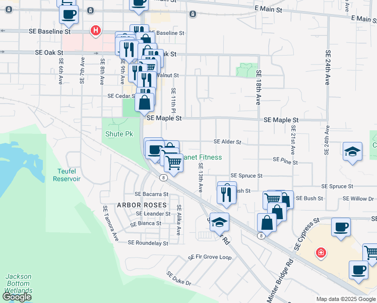 map of restaurants, bars, coffee shops, grocery stores, and more near 851 Southeast 13th Avenue in Hillsboro