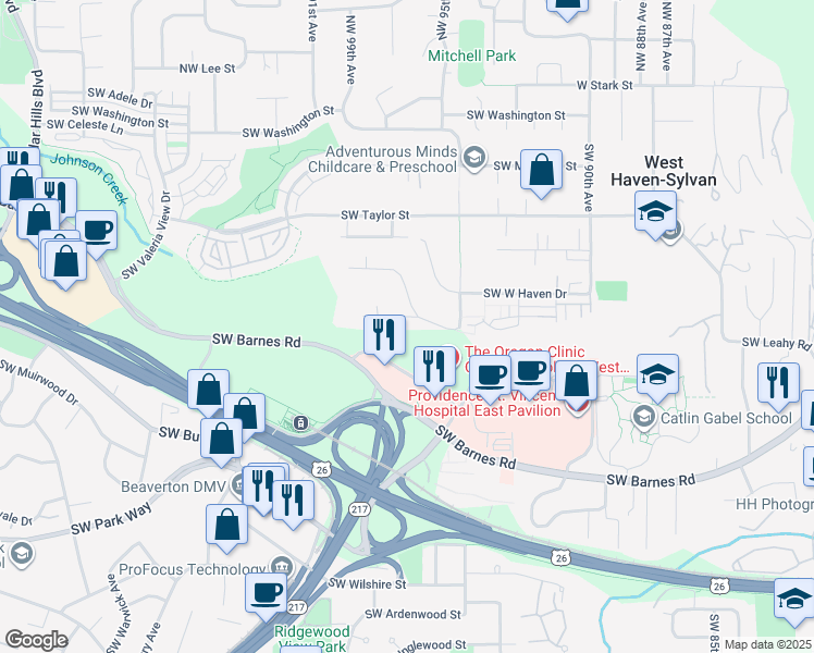 map of restaurants, bars, coffee shops, grocery stores, and more near 9702 Southwest Brookside Drive in Portland