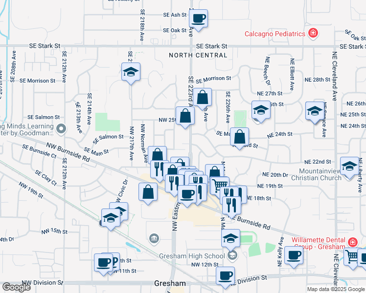 map of restaurants, bars, coffee shops, grocery stores, and more near 353 Northwest 23rd Court in Gresham