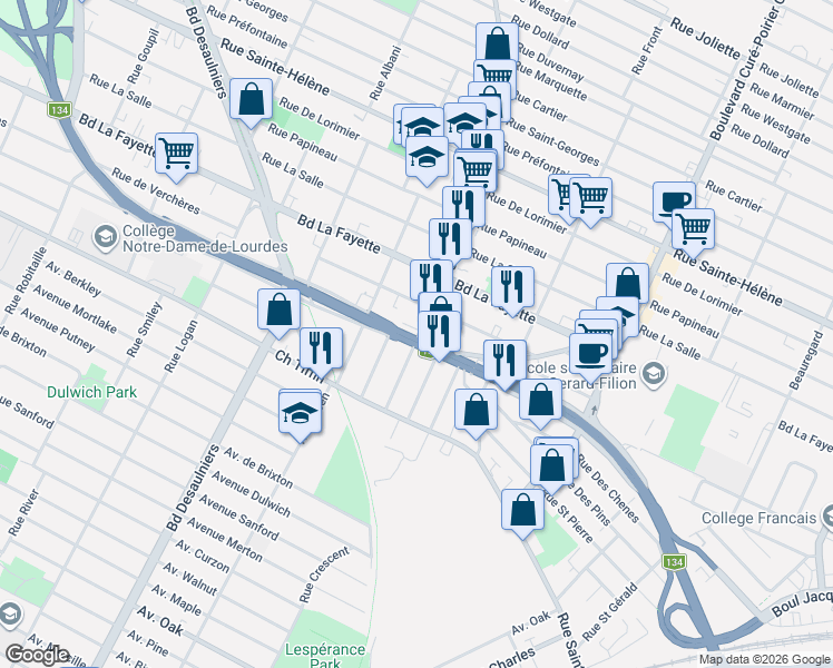 map of restaurants, bars, coffee shops, grocery stores, and more near 1315 Boulevard Taschereau in Longueuil