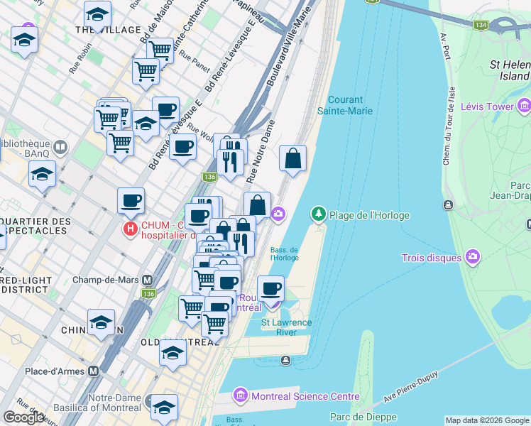 map of restaurants, bars, coffee shops, grocery stores, and more near 365 Rue Saint-André in Montréal