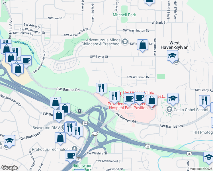 map of restaurants, bars, coffee shops, grocery stores, and more near 9702 Southwest Brookside Drive in Portland