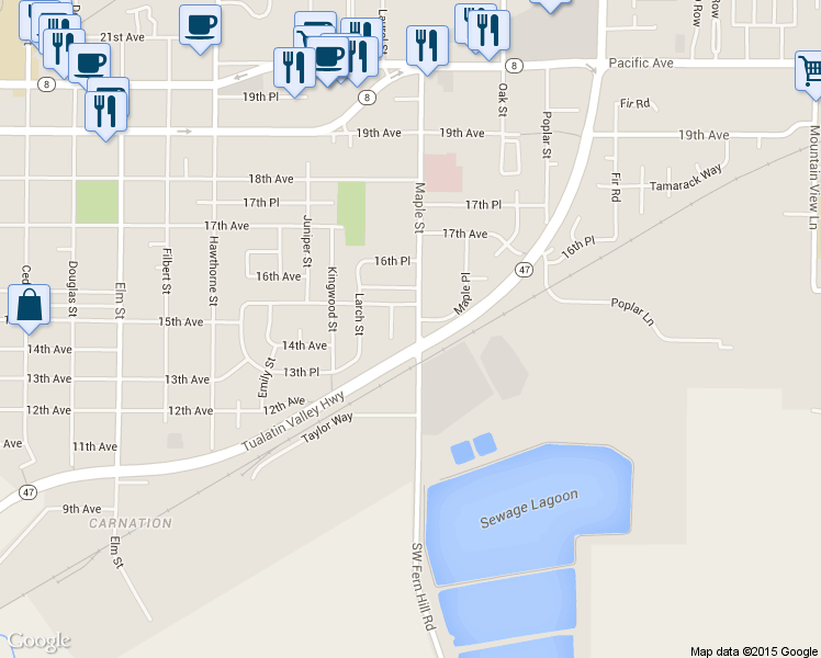 map of restaurants, bars, coffee shops, grocery stores, and more near 1412 Maple St in Forest Grove