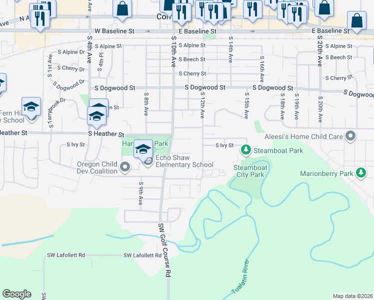 map of restaurants, bars, coffee shops, grocery stores, and more near 1100 South Jasper Street in Cornelius