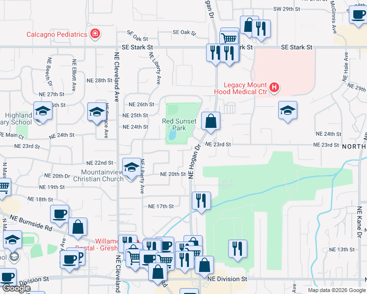 map of restaurants, bars, coffee shops, grocery stores, and more near 1645 Northeast 20th Street in Gresham