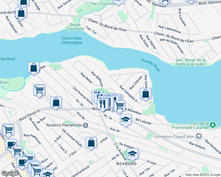 map of restaurants, bars, coffee shops, grocery stores, and more near 10425 Rue Bellevue in Montreal