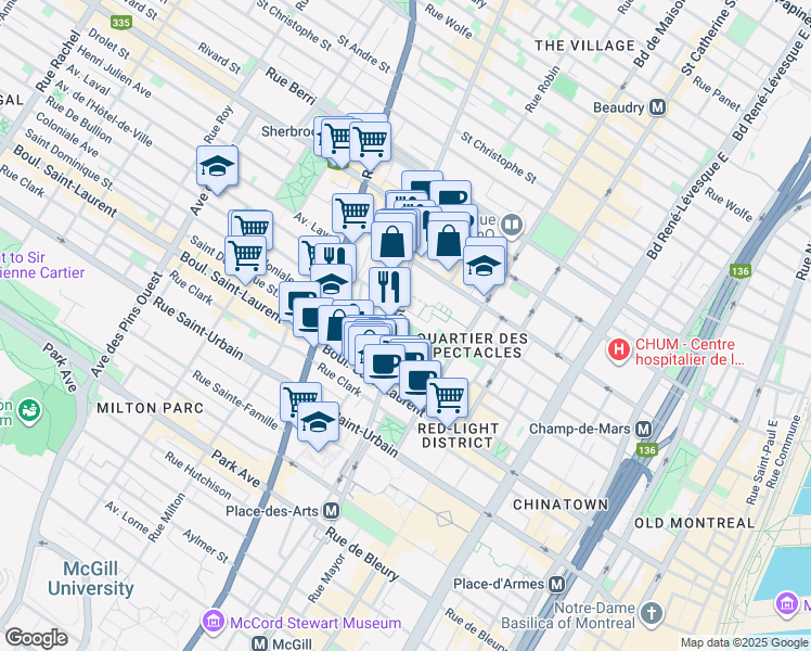 map of restaurants, bars, coffee shops, grocery stores, and more near 150 Rue Ontario Est in Montréal