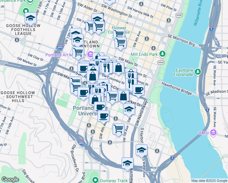 map of restaurants, bars, coffee shops, grocery stores, and more near 1500 Southwest 5th Avenue in Portland