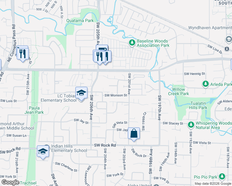 map of restaurants, bars, coffee shops, grocery stores, and more near 20217 Southwest Monson Street in Aloha