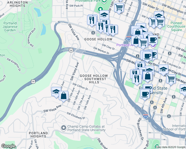 map of restaurants, bars, coffee shops, grocery stores, and more near 1581 Southwest Upper Hall Street in Portland