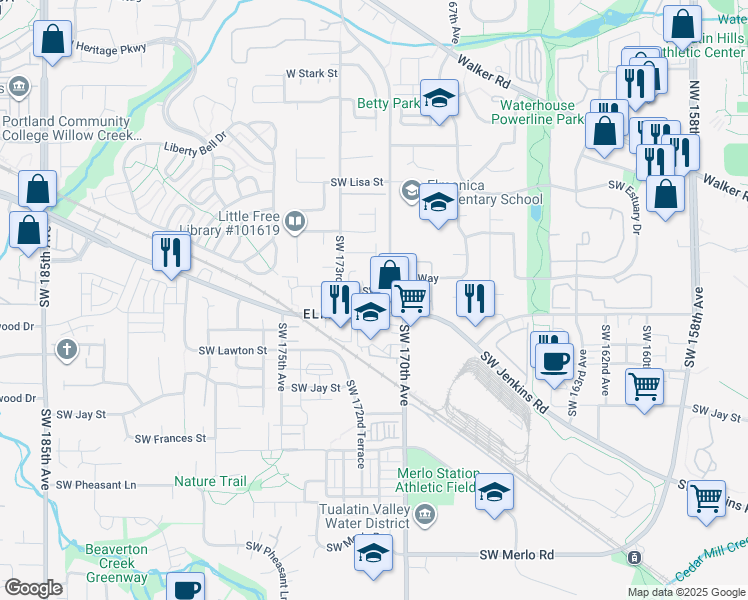 map of restaurants, bars, coffee shops, grocery stores, and more near 17112 Southwest Whitley Way in Beaverton