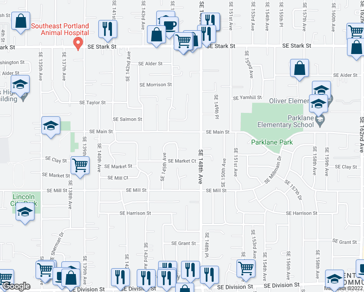 map of restaurants, bars, coffee shops, grocery stores, and more near 14637 Southeast Hawthorne Court in Portland
