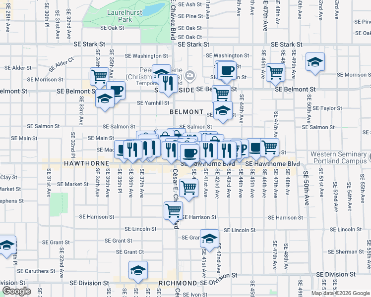map of restaurants, bars, coffee shops, grocery stores, and more near 3943 Southeast Madison Street in Portland