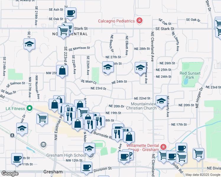 map of restaurants, bars, coffee shops, grocery stores, and more near 415 Northeast 23rd Street in Gresham