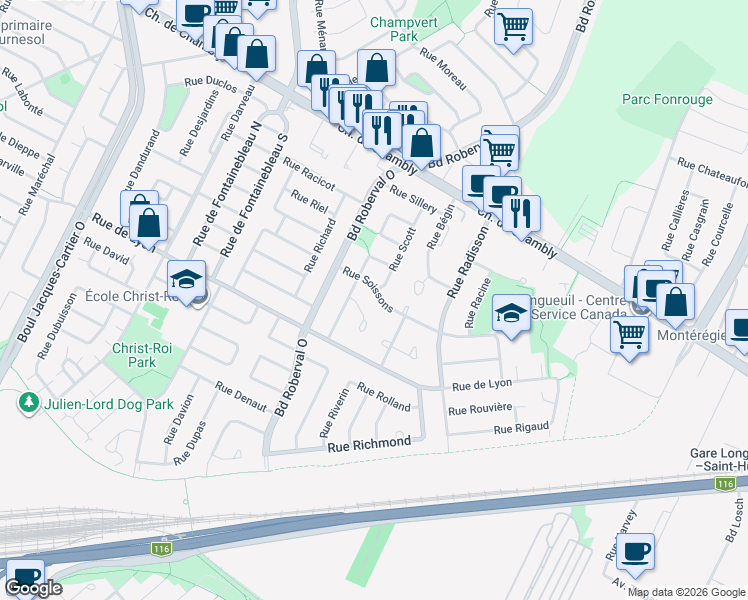 map of restaurants, bars, coffee shops, grocery stores, and more near 3216 Rue Soissons in Longueuil