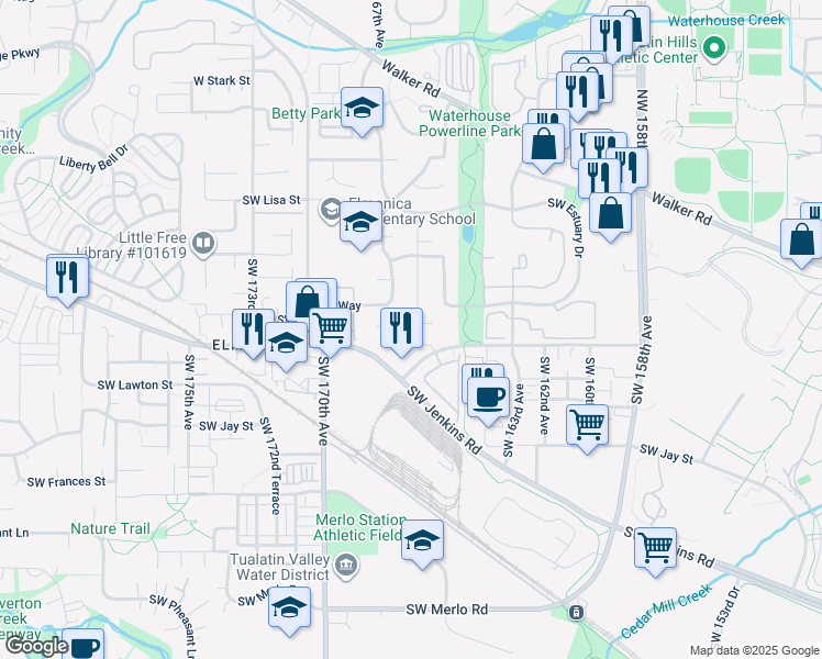 map of restaurants, bars, coffee shops, grocery stores, and more near 935 Southwest 166th Avenue in Beaverton