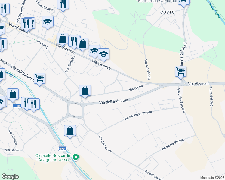 map of restaurants, bars, coffee shops, grocery stores, and more near 24 Via S. Caboto in Arzignano