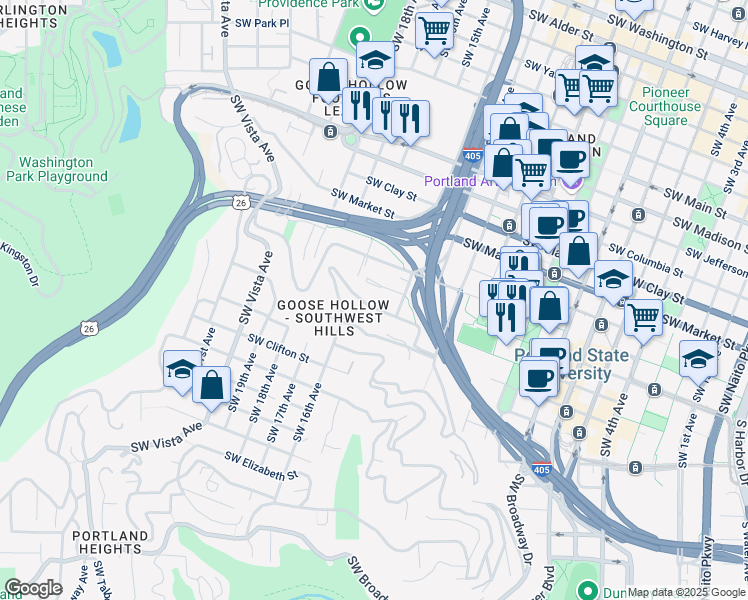map of restaurants, bars, coffee shops, grocery stores, and more near 1518 Southwest Upper Hall Street in Portland