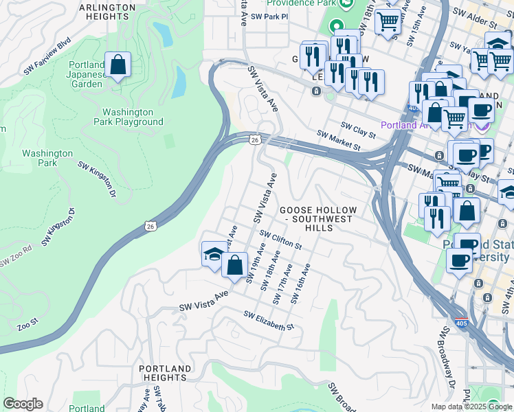 map of restaurants, bars, coffee shops, grocery stores, and more near 1961 Southwest Vista Avenue in Portland