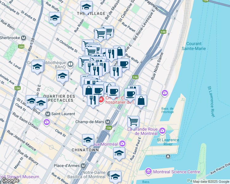 map of restaurants, bars, coffee shops, grocery stores, and more near in Montreal
