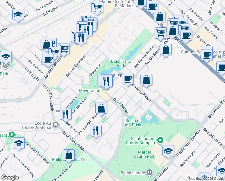 map of restaurants, bars, coffee shops, grocery stores, and more near 2480 Rue des Nations in Montréal