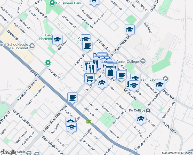 map of restaurants, bars, coffee shops, grocery stores, and more near 1645 Boulevard Edouard-Laurin in Montréal