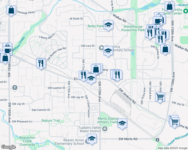 map of restaurants, bars, coffee shops, grocery stores, and more near 17112 Southwest Whitley Way in Beaverton