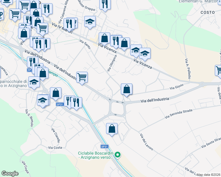 map of restaurants, bars, coffee shops, grocery stores, and more near 5 Via Umberto Nobile in Arzignano