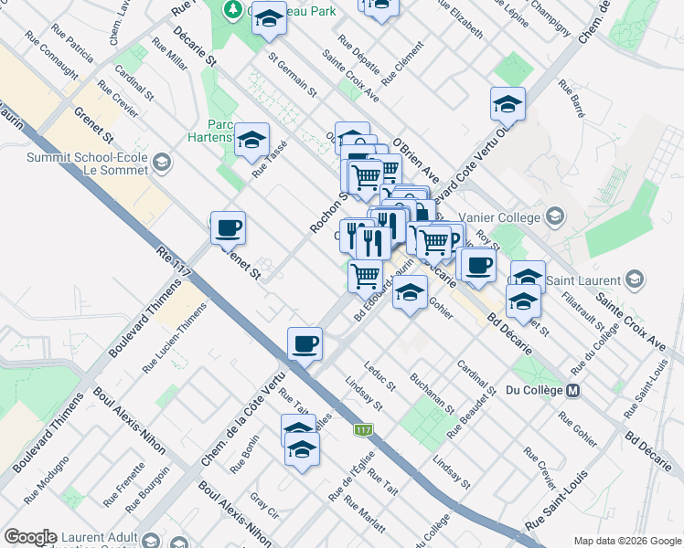 map of restaurants, bars, coffee shops, grocery stores, and more near 1050 Rue Cardinal in Montréal