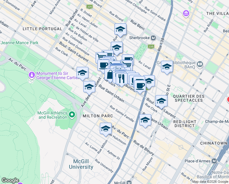 map of restaurants, bars, coffee shops, grocery stores, and more near 3605 Rue Saint-Urbain in Montréal