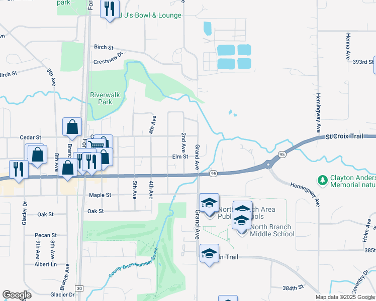 map of restaurants, bars, coffee shops, grocery stores, and more near 6748 Elm Street in North Branch