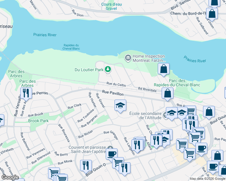map of restaurants, bars, coffee shops, grocery stores, and more near 11989 Rue Pavillon in Montréal