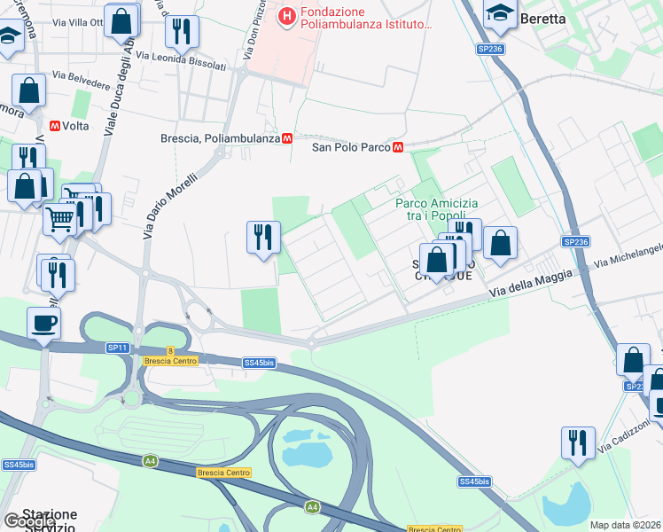 map of restaurants, bars, coffee shops, grocery stores, and more near 235 Via Tiziano in Brescia