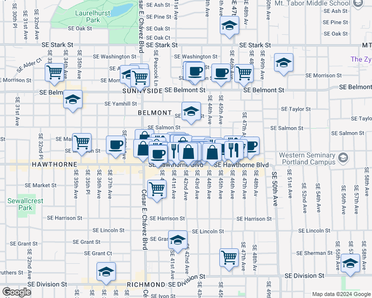 map of restaurants, bars, coffee shops, grocery stores, and more near 4223 Southeast Madison Street in Portland