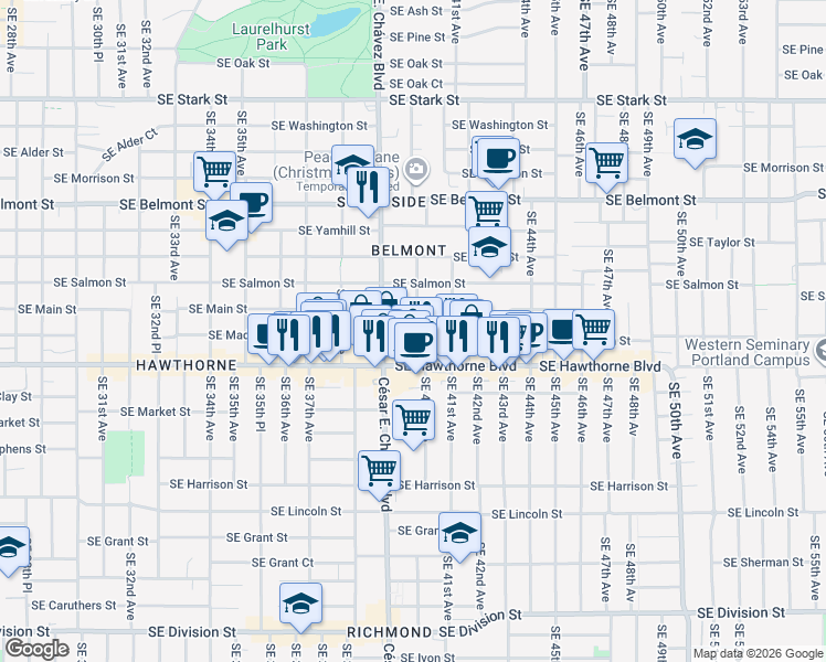 map of restaurants, bars, coffee shops, grocery stores, and more near 3943 Southeast Madison Street in Portland