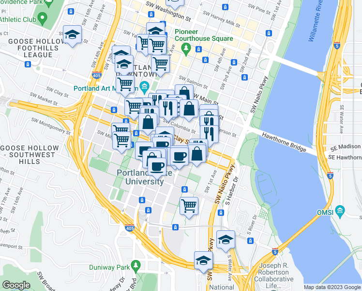 map of restaurants, bars, coffee shops, grocery stores, and more near 1500 Southwest 5th Avenue in Portland