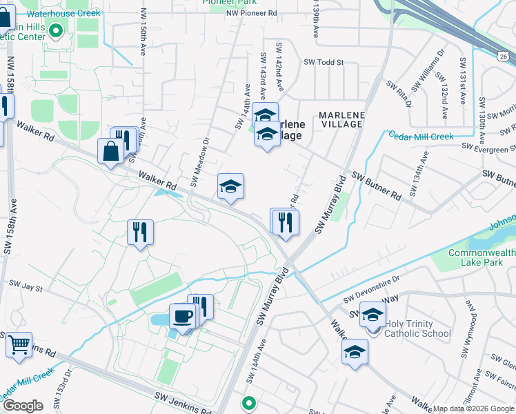 map of restaurants, bars, coffee shops, grocery stores, and more near 14305-14425 Southwest Walker Road in Beaverton