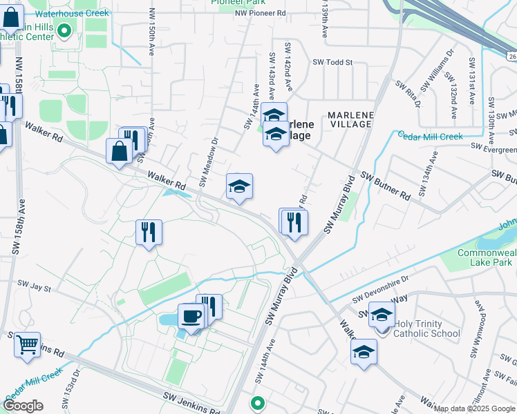 map of restaurants, bars, coffee shops, grocery stores, and more near 14305-14425 Southwest Walker Road in Beaverton