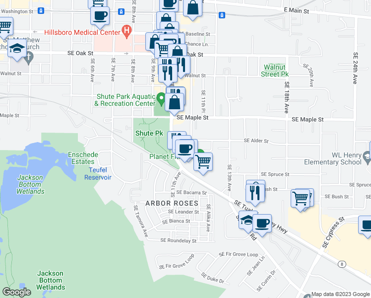 map of restaurants, bars, coffee shops, grocery stores, and more near 883 South East 11th Avenue in Hillsboro