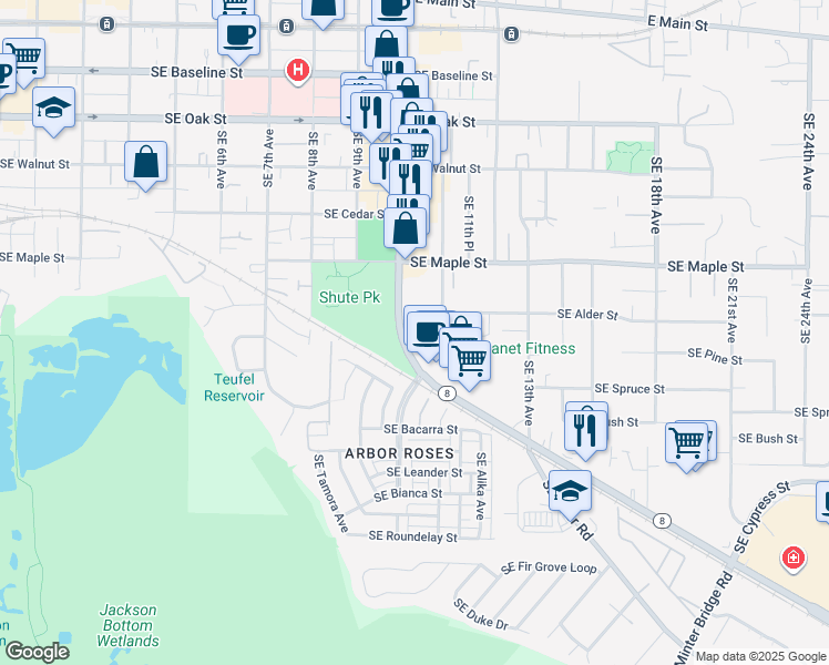 map of restaurants, bars, coffee shops, grocery stores, and more near 883 South East 11th Avenue in Hillsboro
