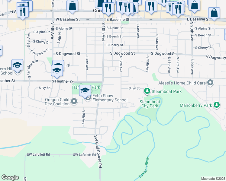 map of restaurants, bars, coffee shops, grocery stores, and more near 1100 South Jasper Street in Cornelius