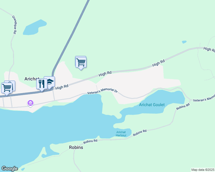 map of restaurants, bars, coffee shops, grocery stores, and more near 907 Veteran's Memorial Drive in Arichat