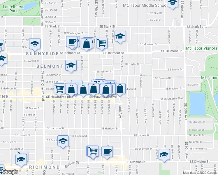map of restaurants, bars, coffee shops, grocery stores, and more near 1336 Southeast 48th Avenue in Portland