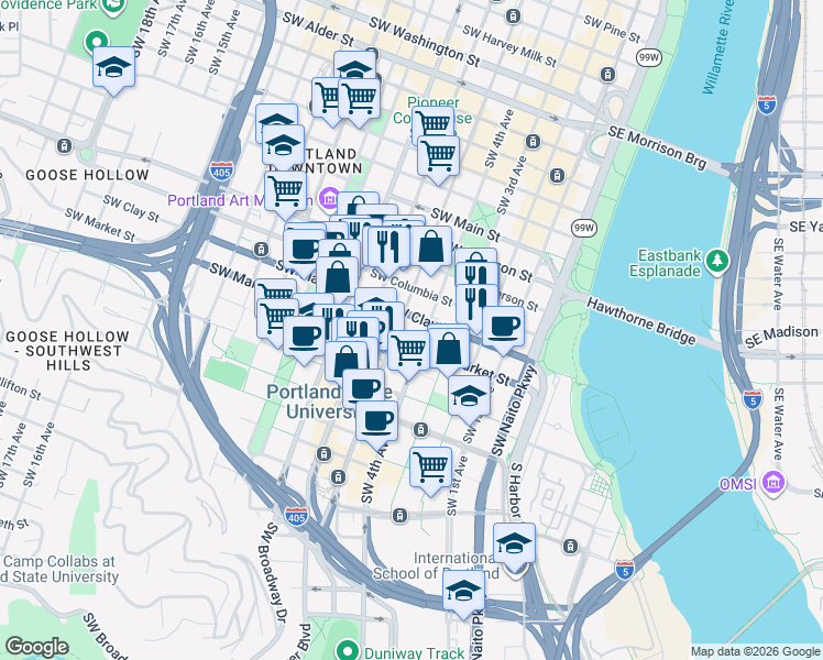 map of restaurants, bars, coffee shops, grocery stores, and more near 1500 Southwest 5th Avenue in Portland