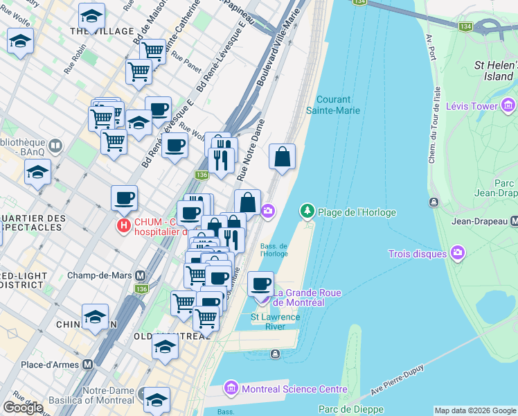 map of restaurants, bars, coffee shops, grocery stores, and more near 901 Rue de la Commune Est in Montréal