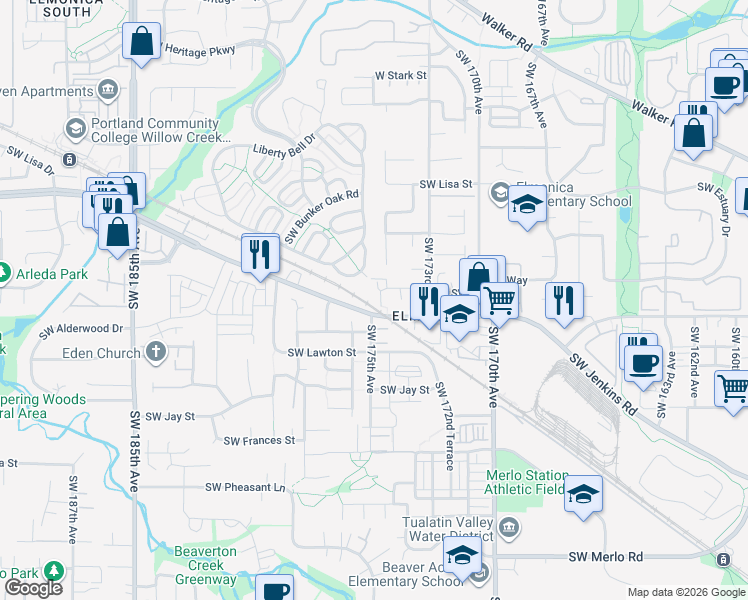 map of restaurants, bars, coffee shops, grocery stores, and more near 947 Southwest 175th Terrace in Beaverton