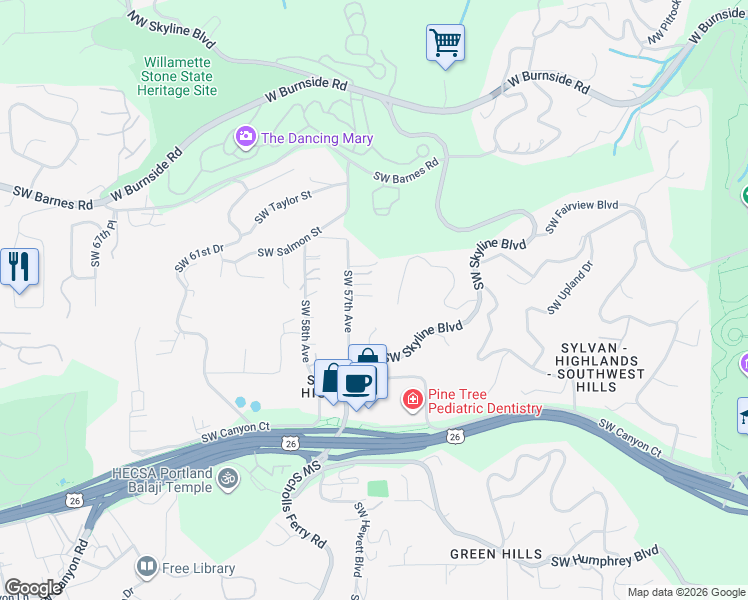 map of restaurants, bars, coffee shops, grocery stores, and more near 1314 Southwest 57th Avenue in Portland