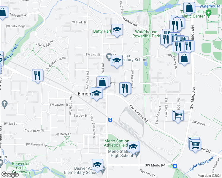 map of restaurants, bars, coffee shops, grocery stores, and more near 16971 Southwest Steele Way in Beaverton