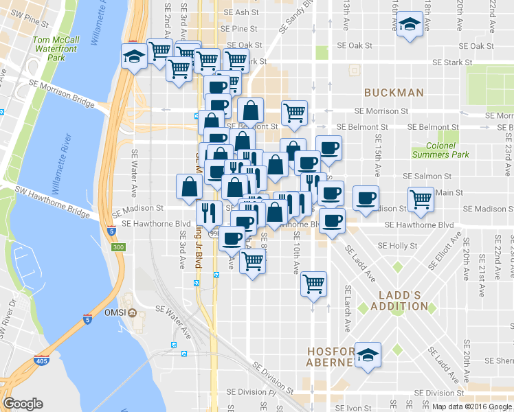 map of restaurants, bars, coffee shops, grocery stores, and more near 721 Southeast Madison Street in Portland